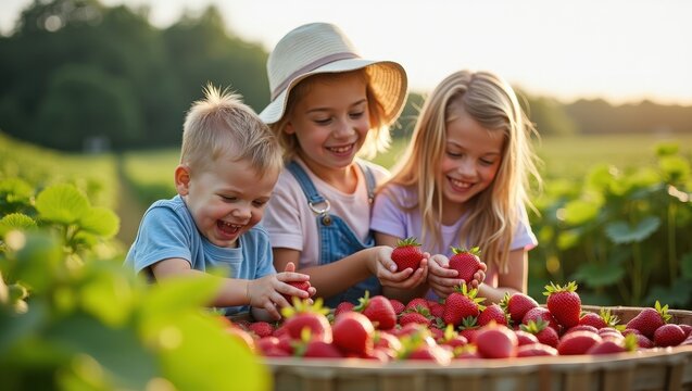 Happy children holding freshly picked strawberries in sunny berry field with their mother in background. Family harvest, healthy organic food, joyful childhood, summer countryside lifestyle