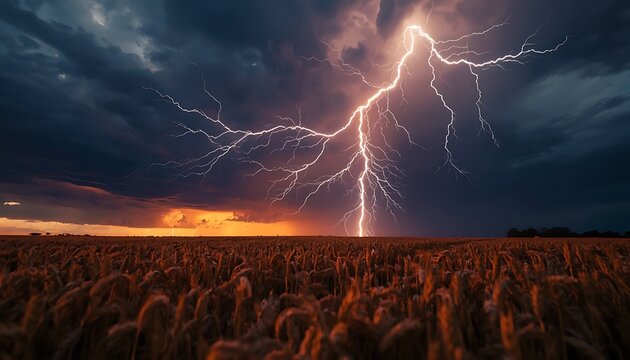Dramatic Lightning Storm Over Wheat Field at Sunset with Dark Thunderclouds