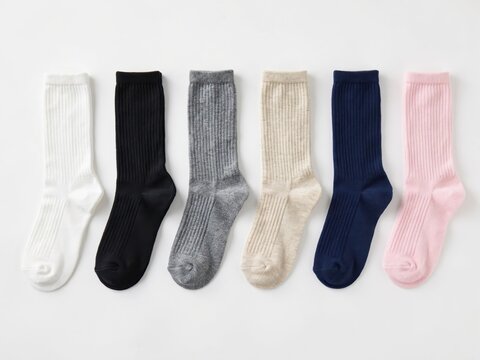 Set of six colorful ribbed cotton socks isolated on white background