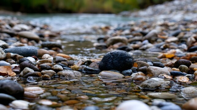 A shallow stream flows gently over smooth  multicolored stones in a natural  tranquil outdoor setting