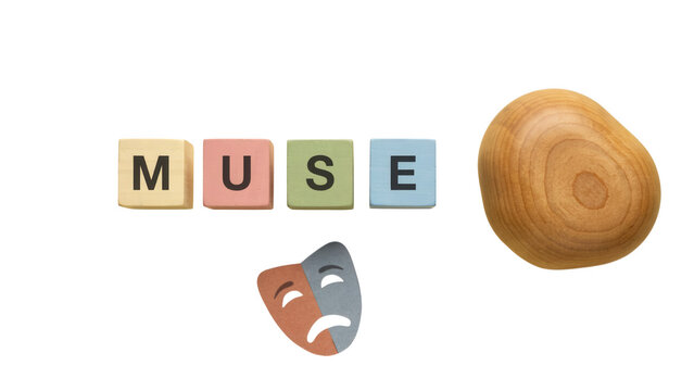 Muse word in letter blocks with wooden object and drama mask on white background