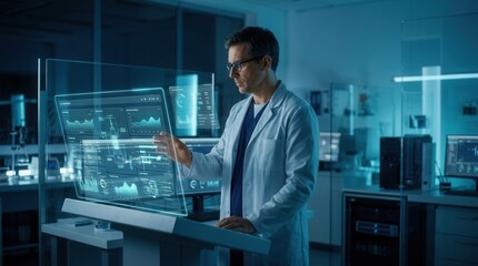 Fototapeta premium Scientist Interacting With Futuristic Holographic Display In Advanced Laboratory