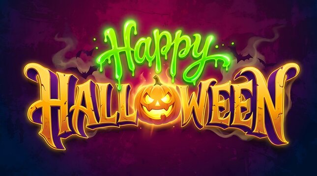 Happy halloween text design with glowing pumpkin and spooky green slime font