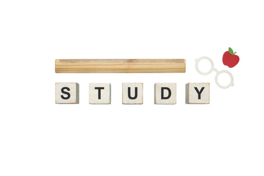 Back to school banner template, study concept with wooden blocks, apple and glasses, education layout with copy space for college, learning, knowledge and exam preparation