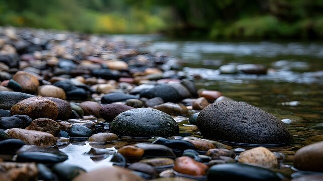 A serene stream flows gently over smooth  multicolored river stones in a lush  green forest setting