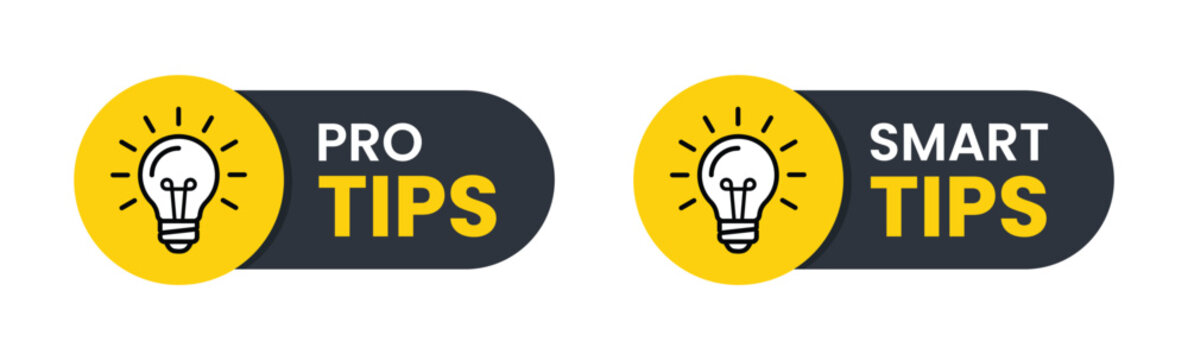 Set of pro tips and smart tips vector badges with glowing light bulb icon, representing advice, ideas, and solutions