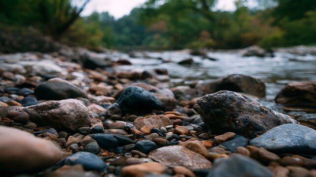 Close up of smooth stones along a flowing riverbank with blurred greenery in the background under soft natural light