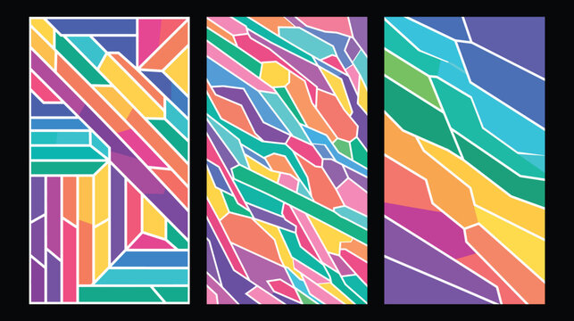 Abstract colorful geometric patterns triptych modern art background