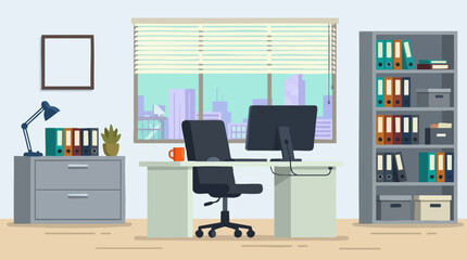 Modern office workspace with computer, chair, desk, and city view © IsoMatrix
