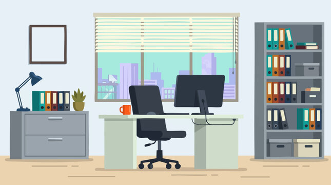 Modern office workspace with computer, chair, desk, and city view