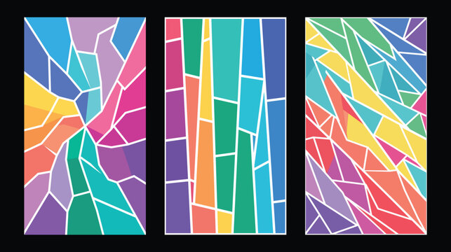 Abstract stained glass triptych with vibrant colorful geometric shapes