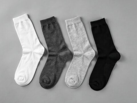 Four different colored cotton socks arranged in a row on a gray background