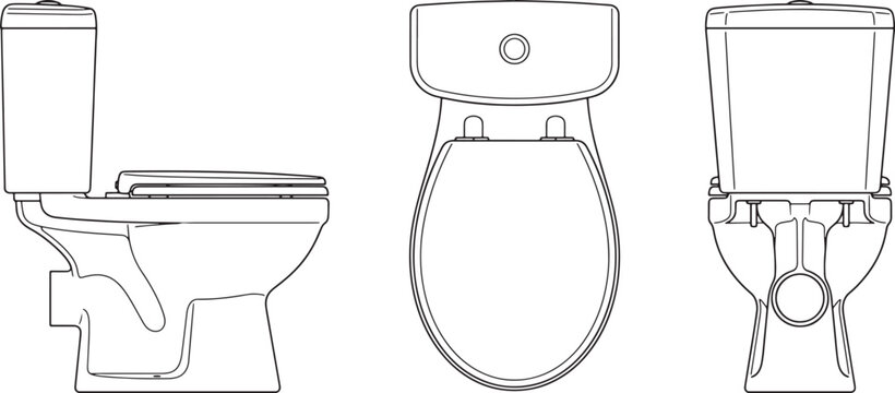 Technical line drawing of a modern ceramic toilet showing side top and back orthographic projection views
