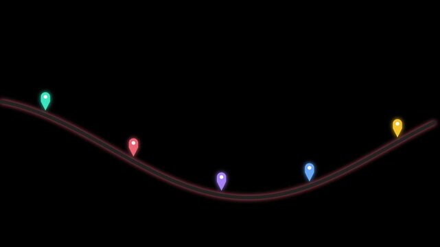 Animated wave line with colorful glowing map pins, minimalist motion background, for location tracking, and data visualization