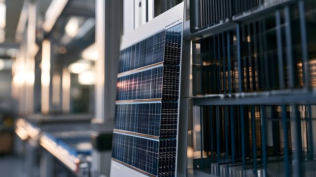 Close up of solar panel modules arranged in a modern industrial setting with structured metallic frameworks and ambient lighting
