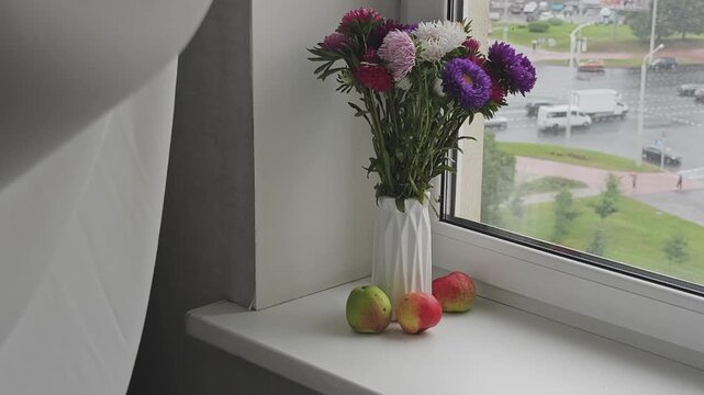 Colorful asters and apples on a windowsill, with a background view of a city intersection and traffic during a rainy day