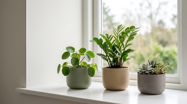 A small garden setup featuring three potted houseplants on a bright white windowsill including a pilea, a zamioculcas zamiifolia, and a succulent.