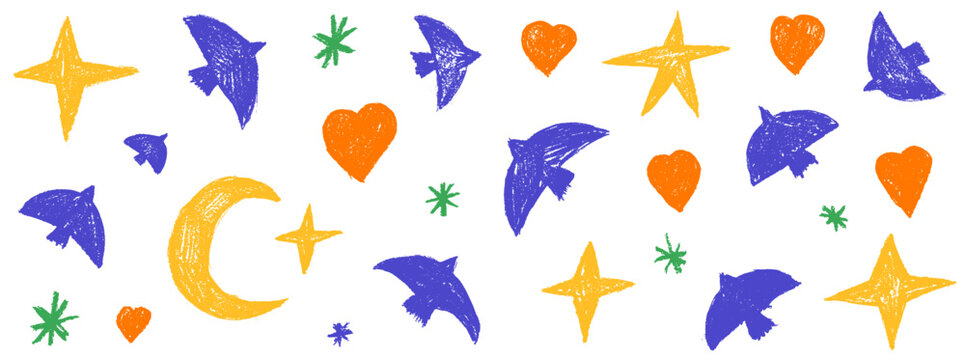 Bird and pastel silhouette set with blue dove and orange heart icons. Crayon bird in pastel brush and sketch for kids poster and print. Vector hand drawn doodle with pencil illustration in naive art
