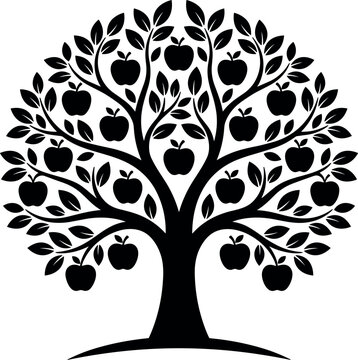 Apple Tree Black Silhouette Icon with Abundant Fruits and Leaves Isolated on White Background for Logo Emblem and Graphic Design Template Vector