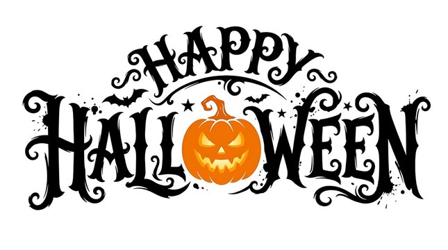Happy halloween text design with a scary pumpkin isolated on white background