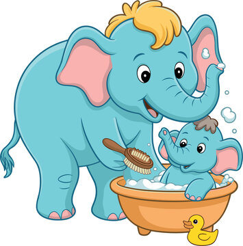 Elephant Mother and Baby Bathing Illustration, Cute Family Animals with Bathtub and Rubber Duck Vector Design