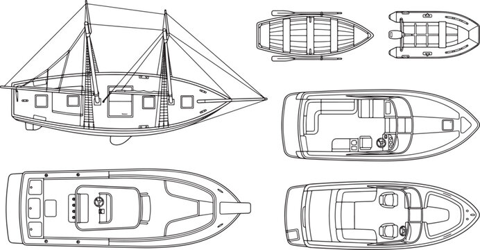 Top view technical line drawings of various motorboats and a sailing vessel in black and white