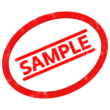 Red sample rubber stamp icon, oval ink seal with sample text, textured red watermark for document verification and product testing