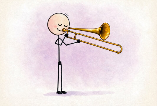 Stick figure character playing a brass trombone, standing on a soft lavender watercolor background.