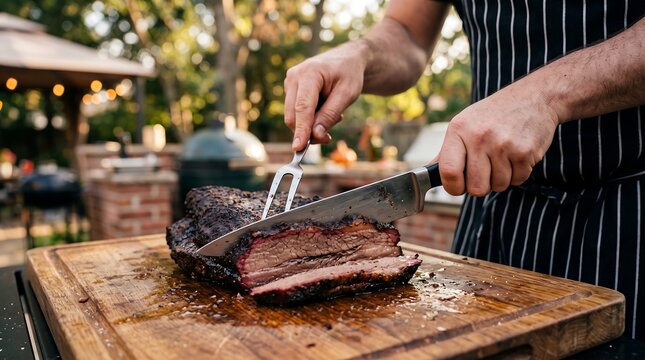 A chef wearing black gloves and a pinstripe apron slices hot smoked beef brisket on a wooden cutting board during an outdoor barbecue setting.