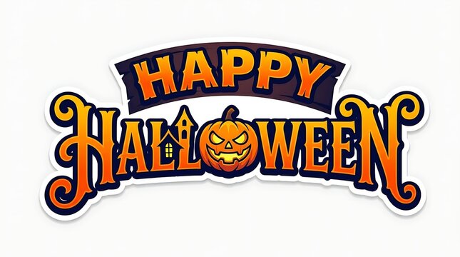 Happy halloween text design with a spooky pumpkin and haunted house illustration