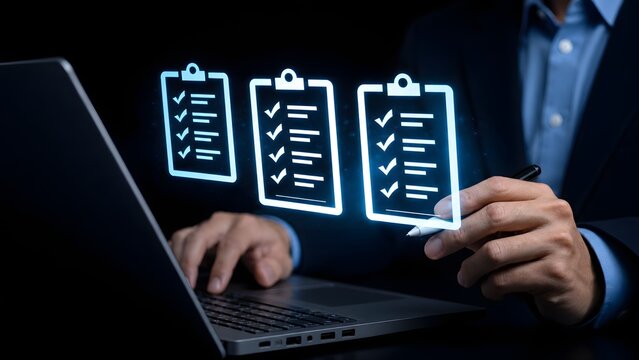 Businessman managing business documents in company on virtual screen. Documents with a list of checkboxes. E-document management, Paperless office concept..