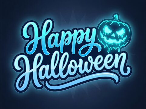 Neon blue happy halloween typography with glowing pumpkin illustration