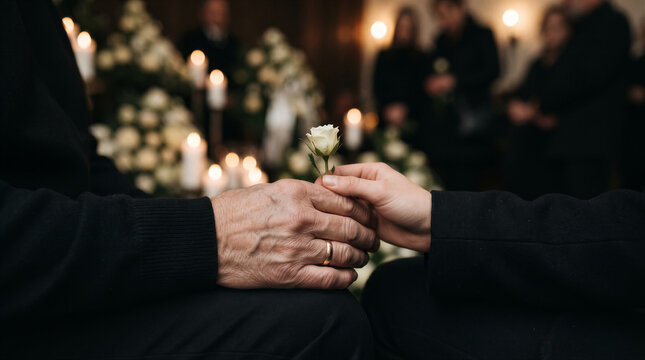 Closeup of an elderly person and a younger person holding a single white rose together at a funeral service