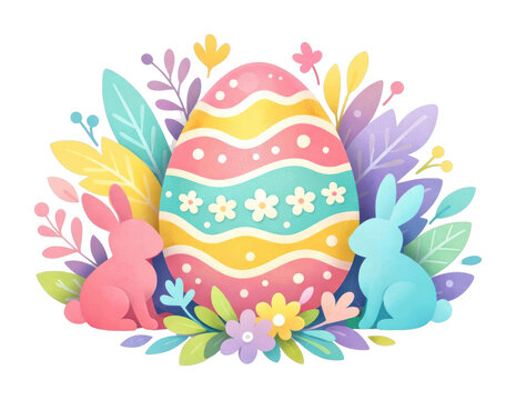 Colorful Easter egg with bunnies and flowers, PNG, transparent background.