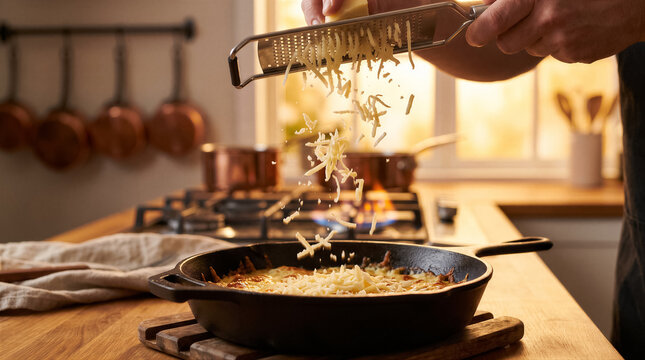 Closeup of a person grating fresh cheese over a hot cast iron skillet on a kitchen stove