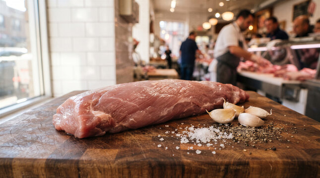 Raw pork tenderloin on a wooden cutting board with garlic, sea salt, and black pepper in a butcher shop setting