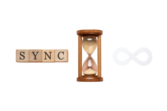 Sync word on wooden blocks with hourglass and infinity symbol, time synchronization concept, eternal time management on white background