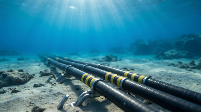 Submarine fiber optic communication cables resting on the sandy ocean floor under clear blue water with sunlight rays