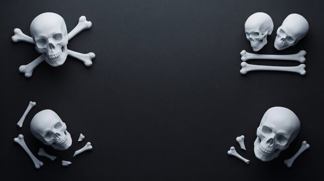 Halloween background with human skulls and crossbones arranged in four corners on dark grey background top view
