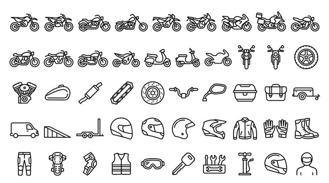 Motorcycle Transport Types Editable Line Icon Set with Dirtbike, Cruiser, Enduro, Chopper, Sportbike, Electric Motorcycle, Helmet, and Rider Gear