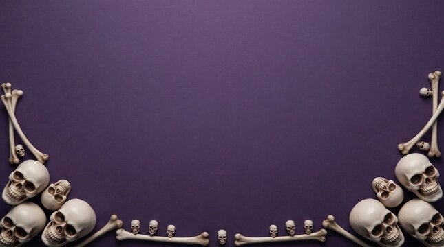 Realistic skulls and crossbones frame layout on dark purple background flat lay for Halloween invitation design