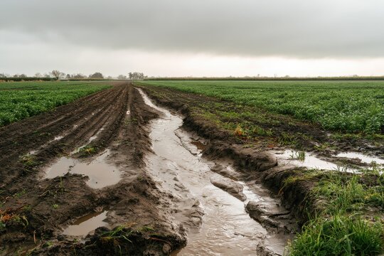 Soil erosion in furrowed fields as water flows toward a drainage ditch