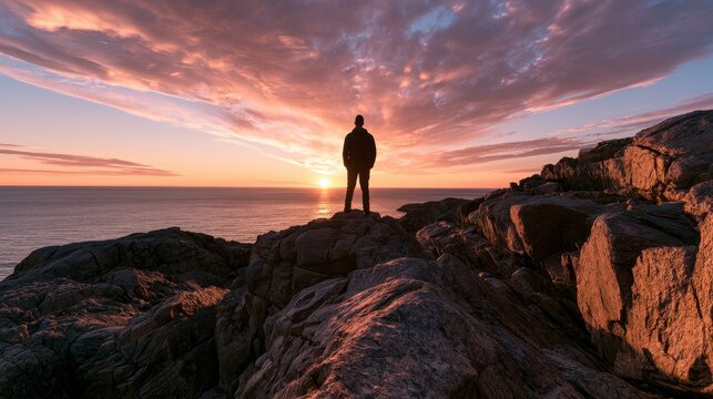 Solitude at sunset: a man stands atop a windswept cliff overlooking the sea
