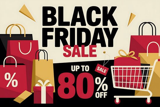 Black friday sale advertisement with shopping bags gifts and a shopping cart