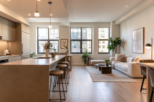 Sophisticated residential interior with streamlined cabinetry and inviting seating in a stylish open layout