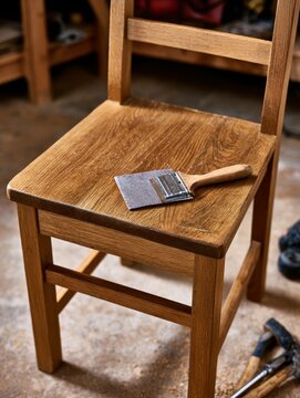 Wooden chair with traditional tools and sawdust on the floor of a craftsman's workshop