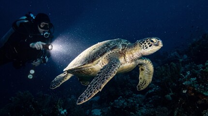 Obraz premium Scuba Diver Photographing Sea Turtle at Night with Flashlight Beam