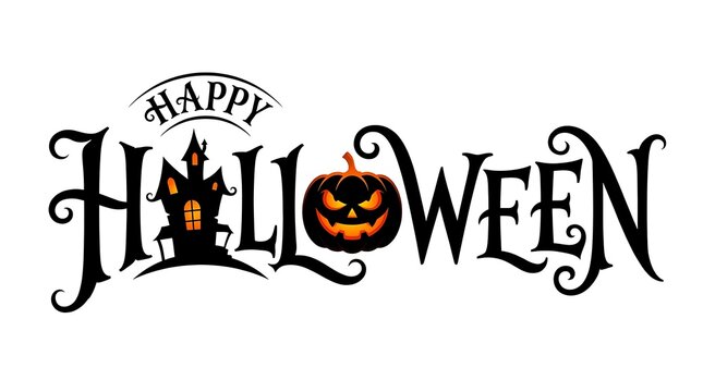 Happy halloween text with haunted house and pumpkin isolated on white background