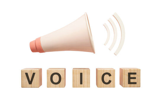 Minimalist megaphone with wooden voice blocks, pink bullhorn for marketing communication, social media announcement concept