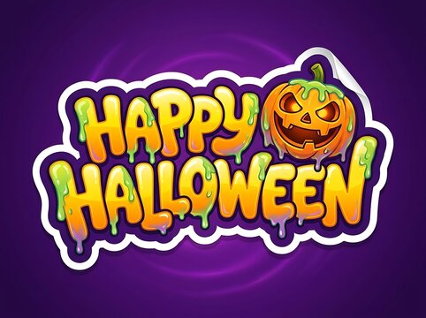 Happy halloween text with a scary pumpkin and green slime effect